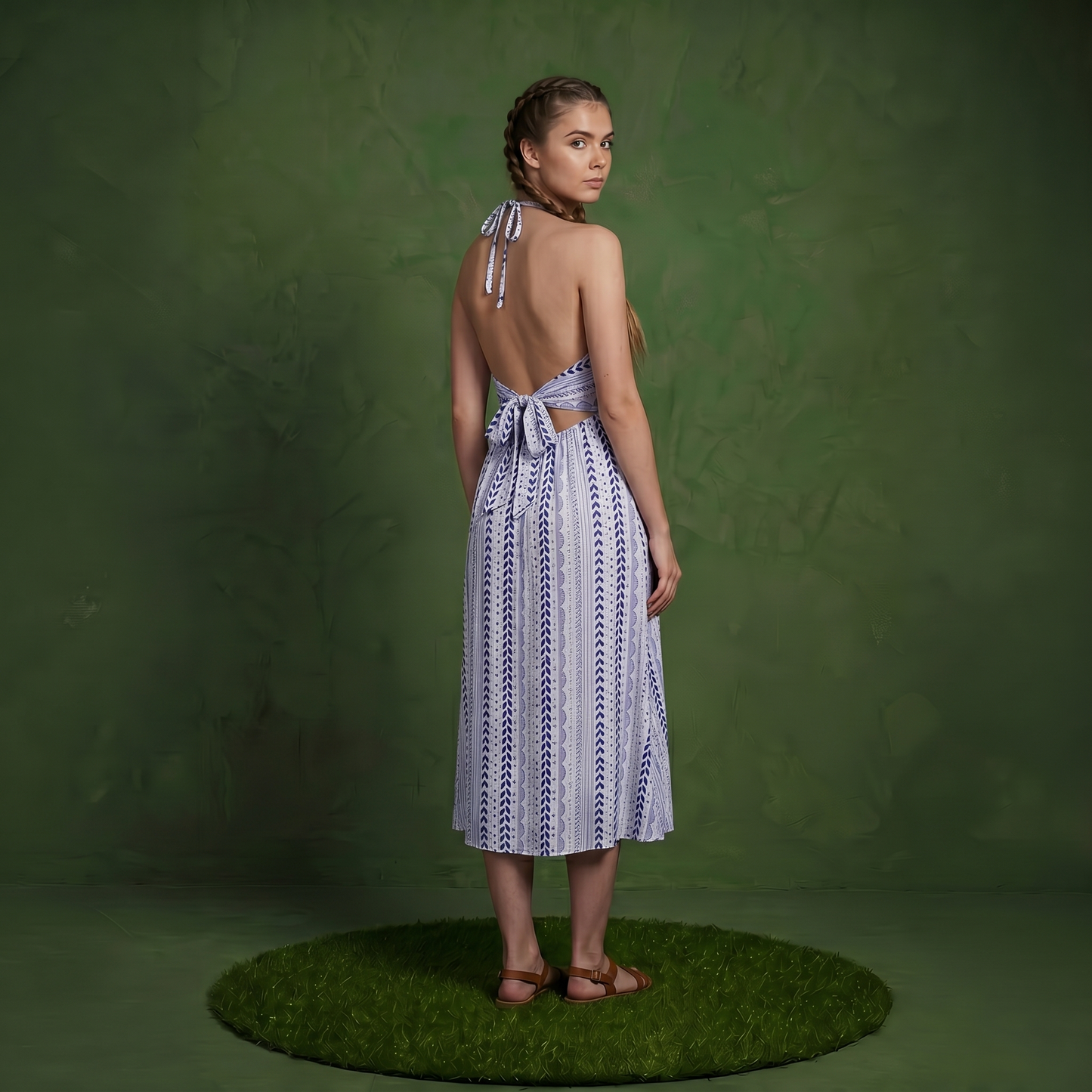 Anna-Kaci Women's Halter Neck Midi Dress with V Neckline Smocked Bodice and Flowing A-Line Skirt