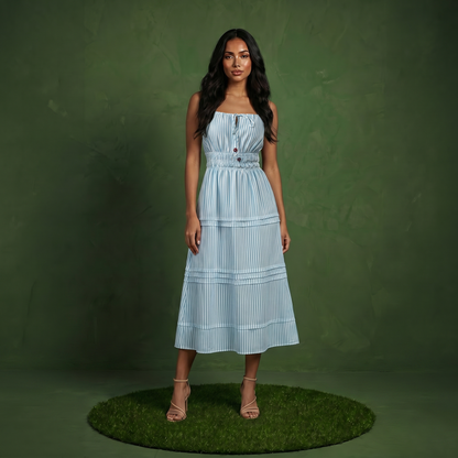 Anna-Kaci Women's Sleeveless Striped Midi Dress with Adjustable Straps Smocked Waist Button Front and Tiered Skirt