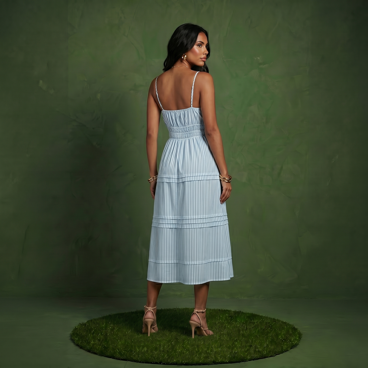 Anna-Kaci Women's Sleeveless Striped Midi Dress with Adjustable Straps Smocked Waist Button Front and Tiered Skirt