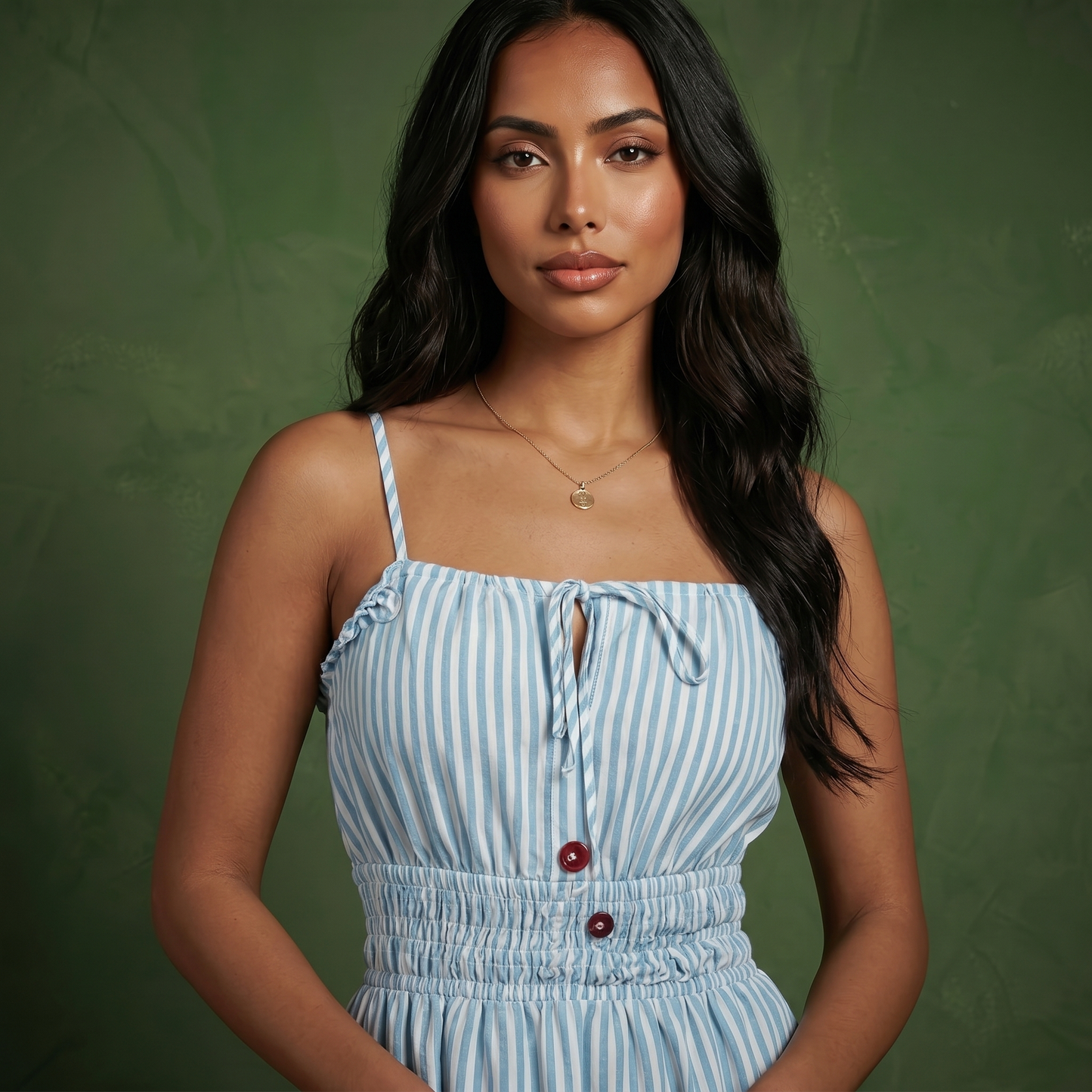 Anna-Kaci Women's Sleeveless Striped Midi Dress with Adjustable Straps Smocked Waist Button Front and Tiered Skirt