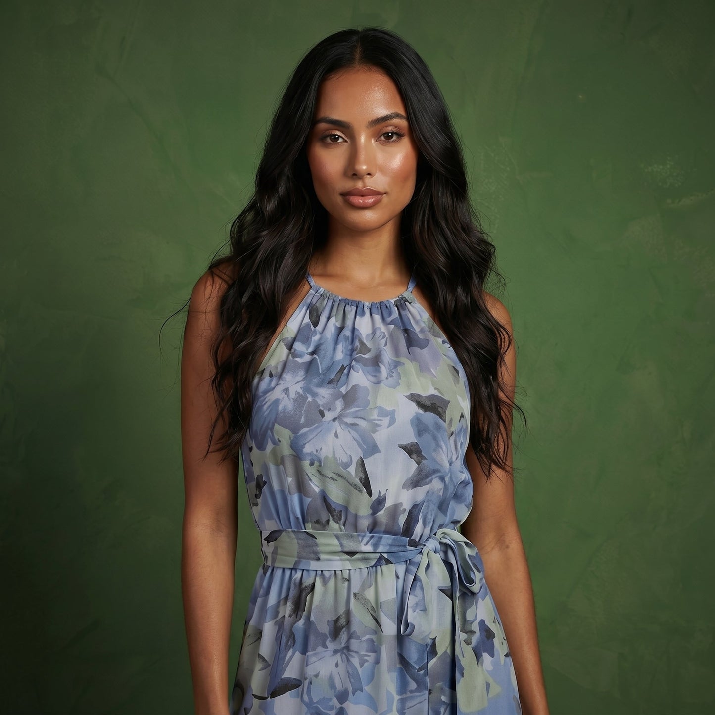 Anna-Kaci Women's Halter Neck Midi Dress with Floral Print and Asymmetrical Hem