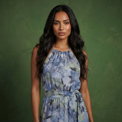 Anna-Kaci Women's Halter Neck Midi Dress with Floral Print and Asymmetrical Hem