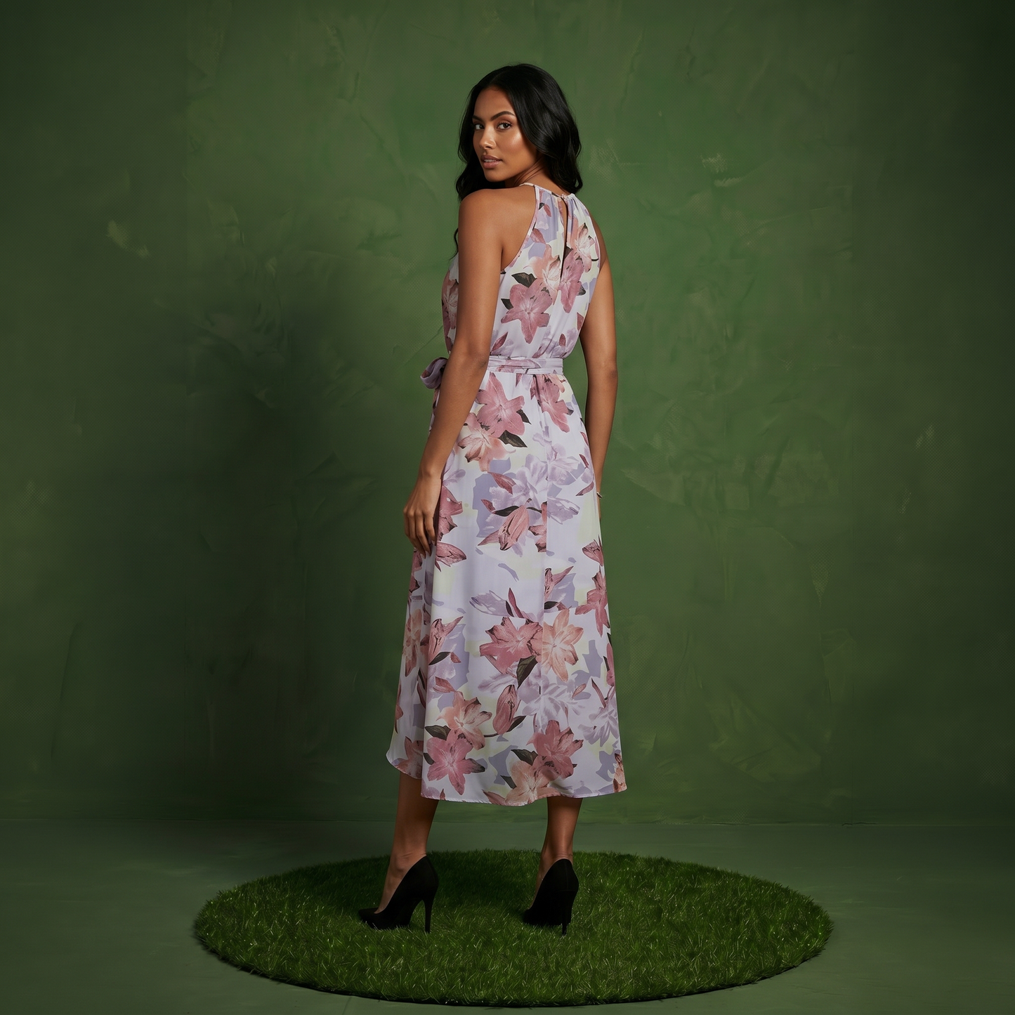 Anna-Kaci Women's Halter Neck Midi Dress with Floral Print and Asymmetrical Hem
