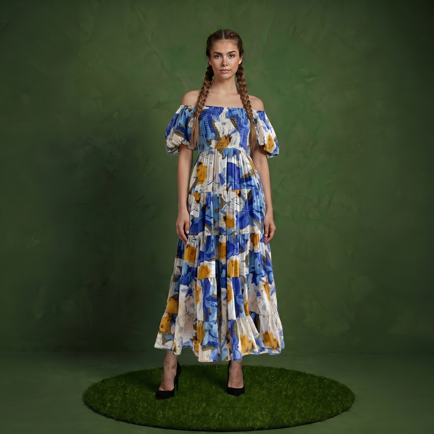 Anna-Kaci Women's Off Shoulder Maxi Dress with Smocked Bodice and Tiered Skirt