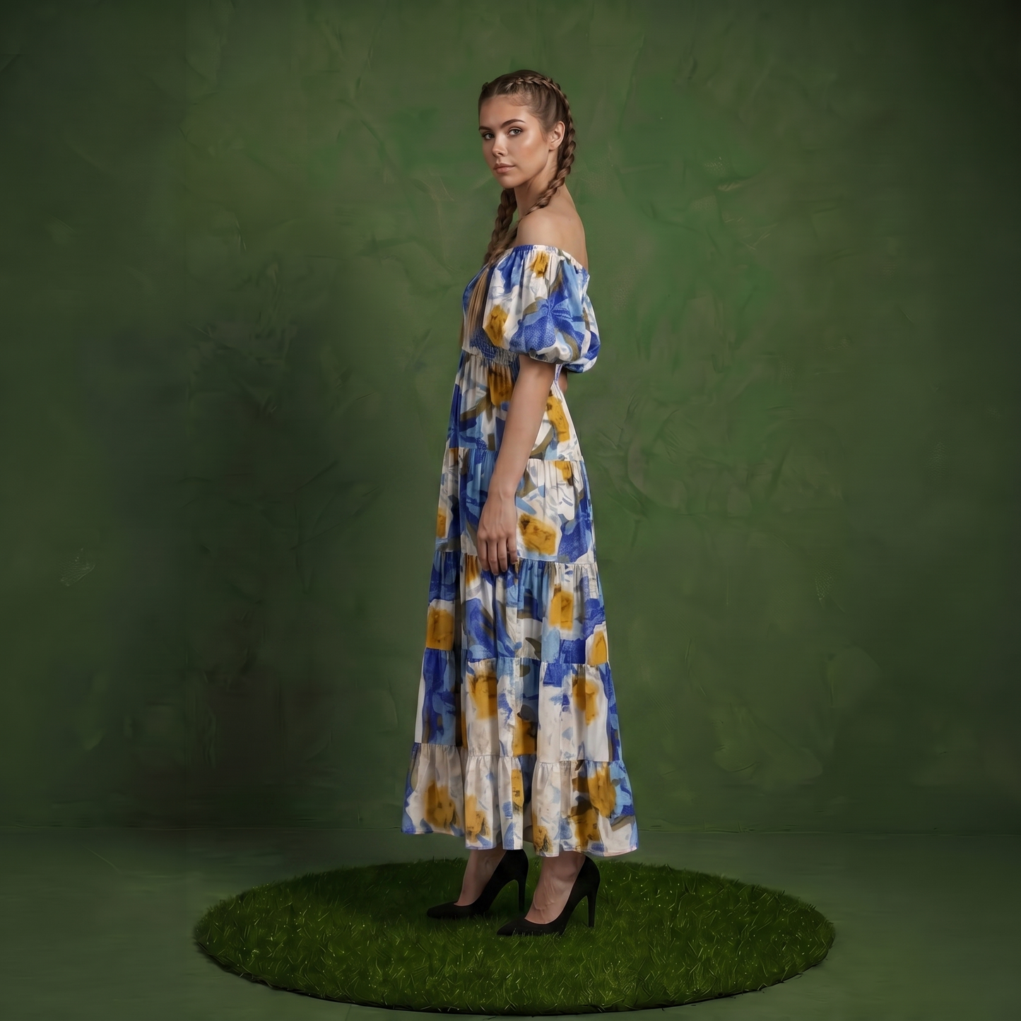 Anna-Kaci Women's Off Shoulder Maxi Dress with Smocked Bodice and Tiered Skirt