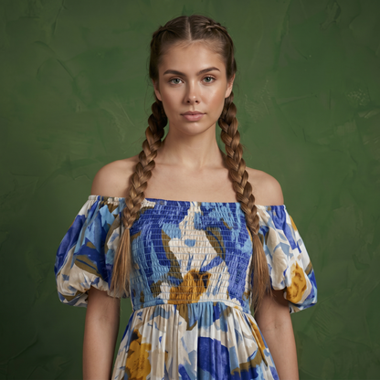 Anna-Kaci Women's Off Shoulder Maxi Dress with Smocked Bodice and Tiered Skirt