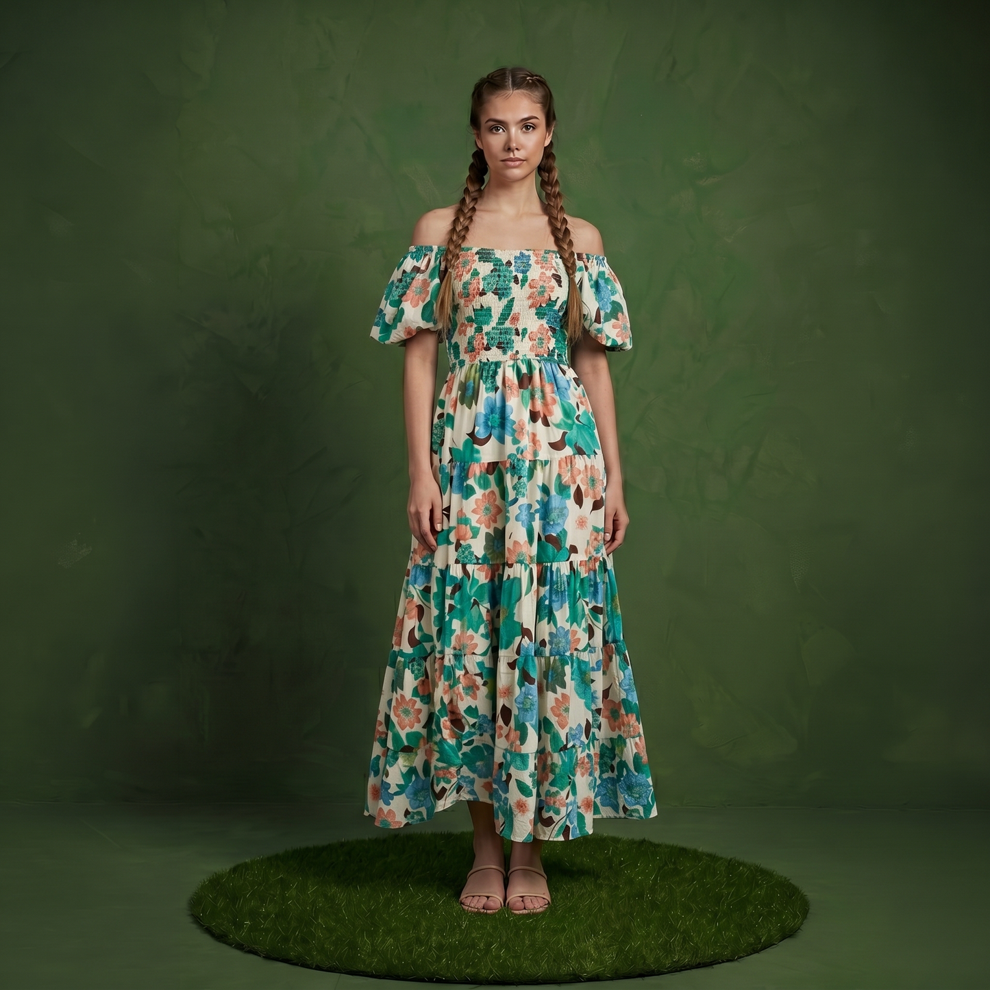 Anna-Kaci Women's Off Shoulder Maxi Dress with Smocked Bodice and Tiered Skirt