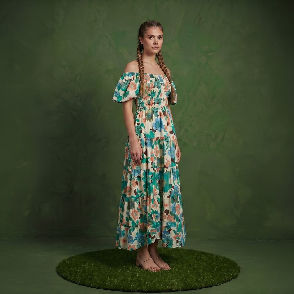 Anna-Kaci Women's Off Shoulder Maxi Dress with Smocked Bodice and Tiered Skirt