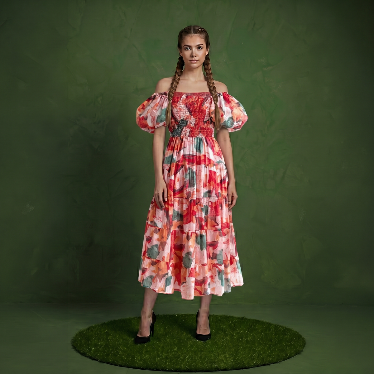 Anna-Kaci Women's Off Shoulder Maxi Dress with Smocked Bodice and Tiered Skirt