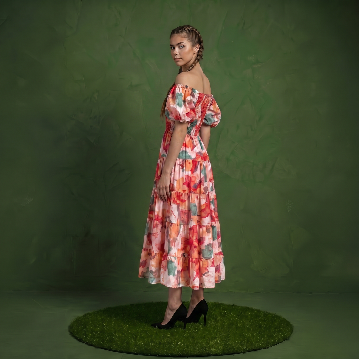Anna-Kaci Women's Off Shoulder Maxi Dress with Smocked Bodice and Tiered Skirt