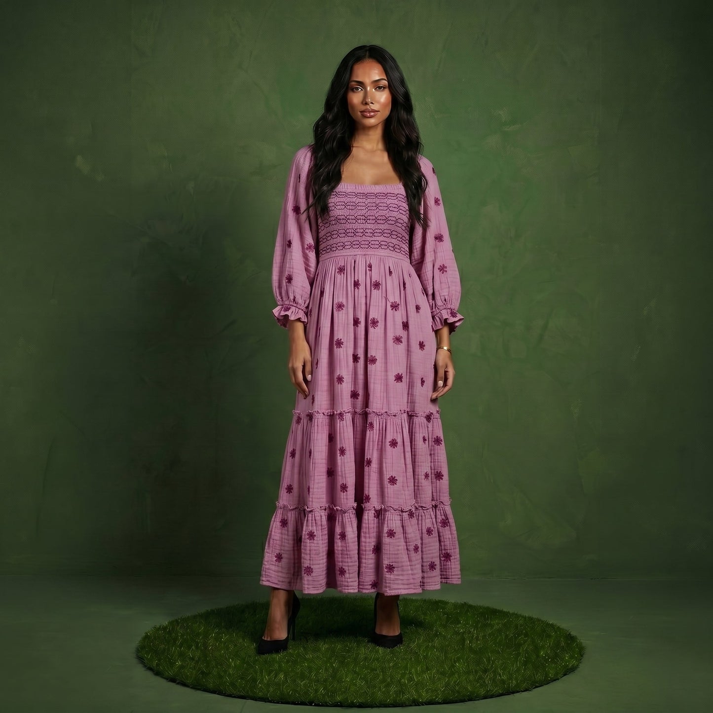 Anna-Kaci Women's Smocked Square Neck Maxi Dress with Embroidered Floral Pattern Puff Sleeves