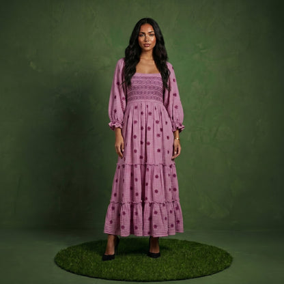 Anna-Kaci Women's Smocked Square Neck Maxi Dress with Embroidered Floral Pattern Puff Sleeves
