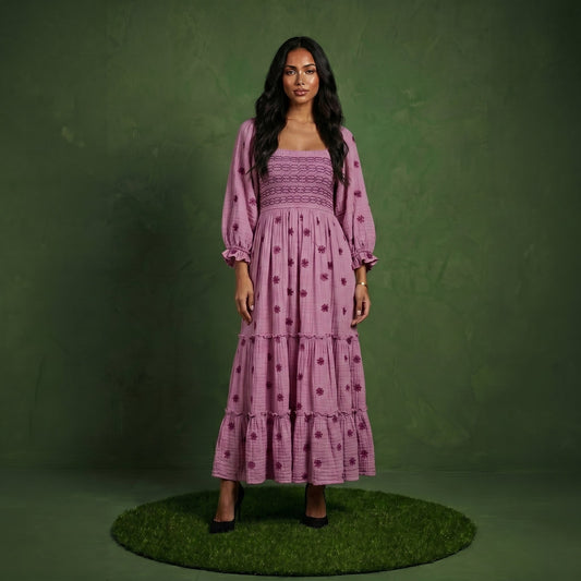 Anna-Kaci Women's Smocked Square Neck Maxi Dress with Embroidered Floral Pattern Puff Sleeves