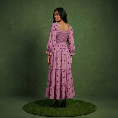 Anna-Kaci Women's Smocked Square Neck Maxi Dress with Embroidered Floral Pattern Puff Sleeves