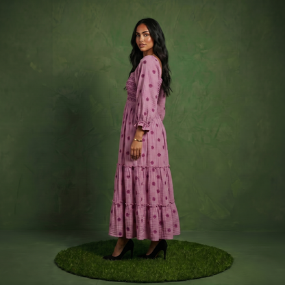 Anna-Kaci Women's Smocked Square Neck Maxi Dress with Embroidered Floral Pattern Puff Sleeves