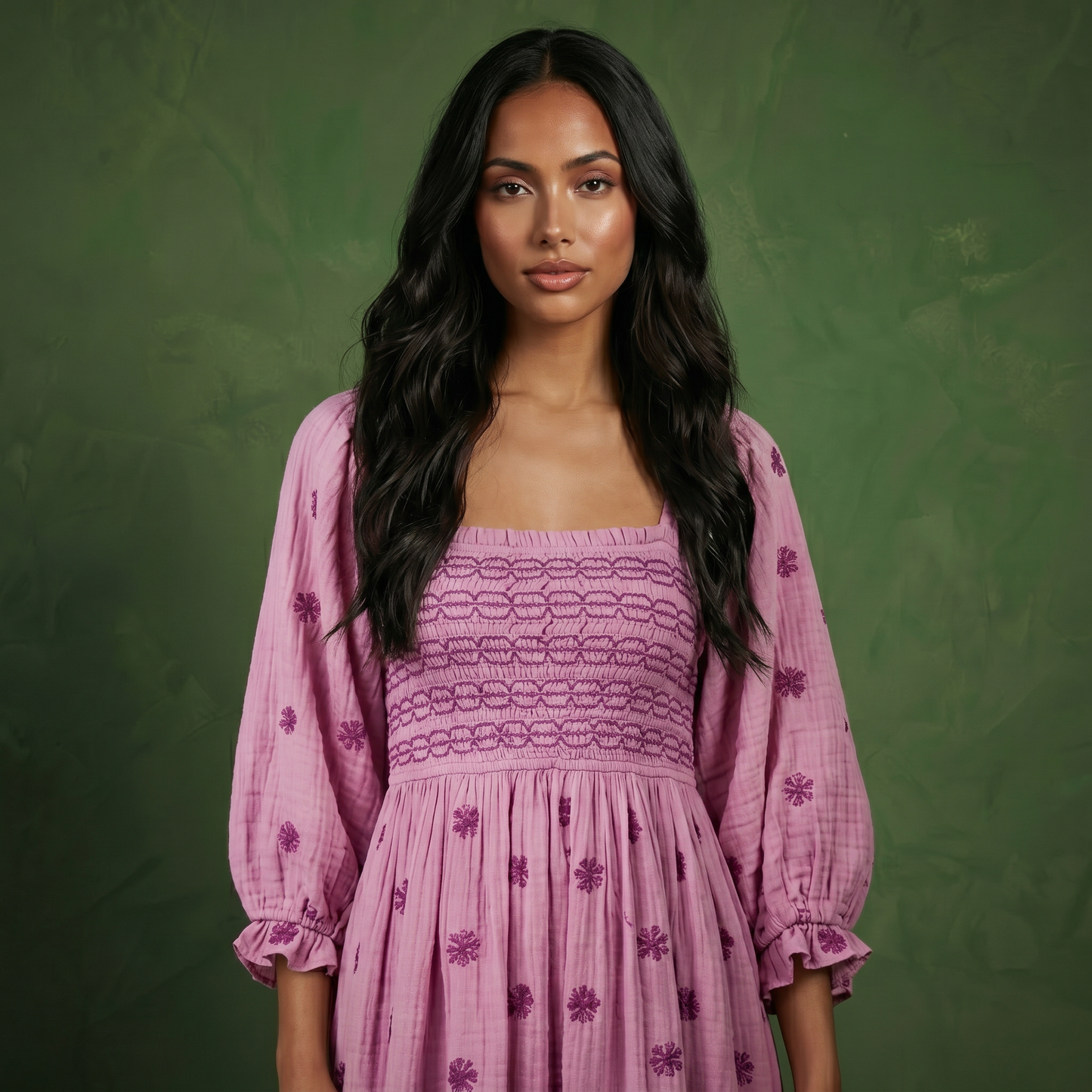 Anna-Kaci Women's Smocked Square Neck Maxi Dress with Embroidered Floral Pattern Puff Sleeves