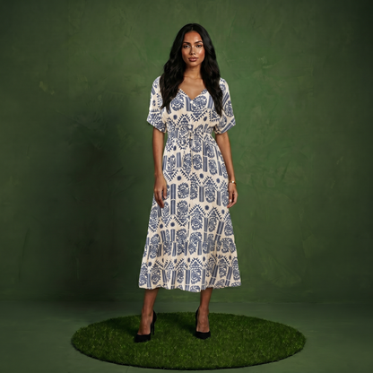 Anna-Kaci Short Sleeve Printed Midi Dress with V Neckline Drawstring Waist and Tiered Flowy Silhouette Design