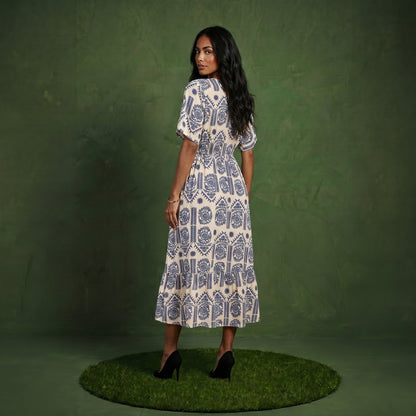 Anna-Kaci Short Sleeve Printed Midi Dress with V Neckline Drawstring Waist and Tiered Flowy Silhouette Design