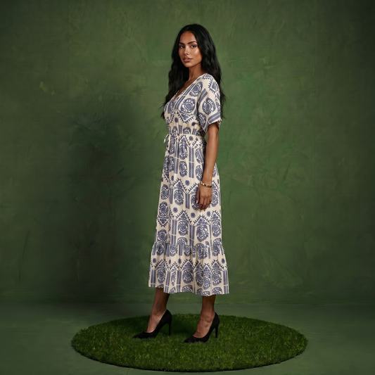 Anna-Kaci Short Sleeve Printed Midi Dress with V Neckline Drawstring Waist and Tiered Flowy Silhouette Design