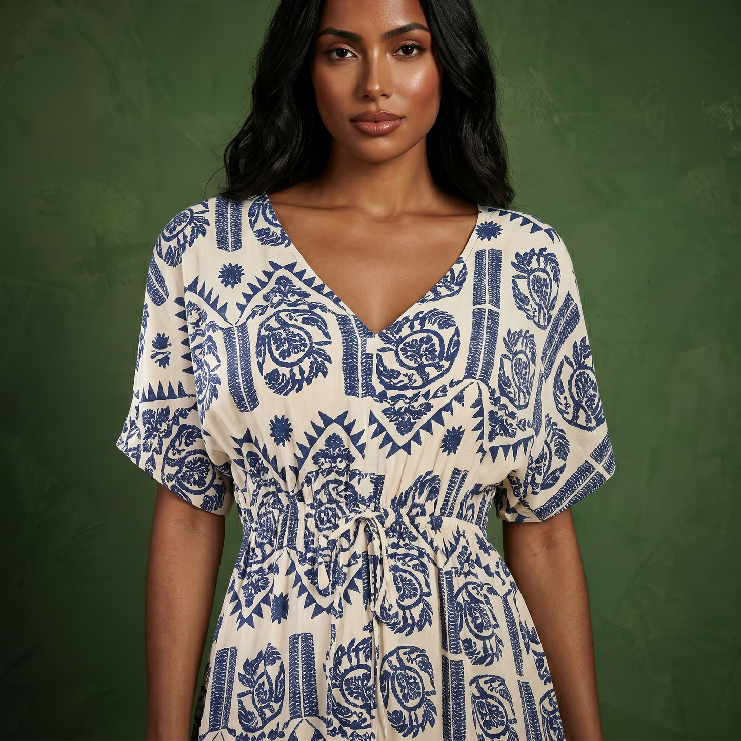 Anna-Kaci Short Sleeve Printed Midi Dress with V Neckline Drawstring Waist and Tiered Flowy Silhouette Design