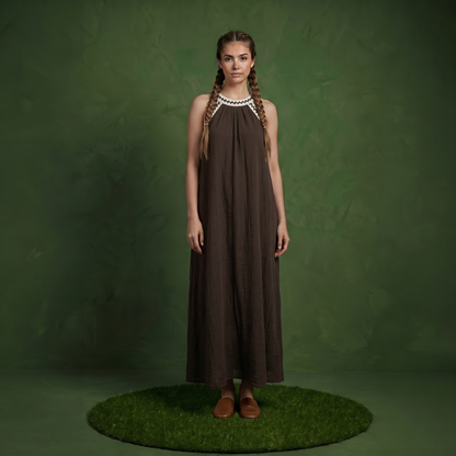Anna-Kaci Sleeveless Halter Neck Maxi Dress with Contrast Trim Detail and Relaxed Flowy A-Line Silhouette