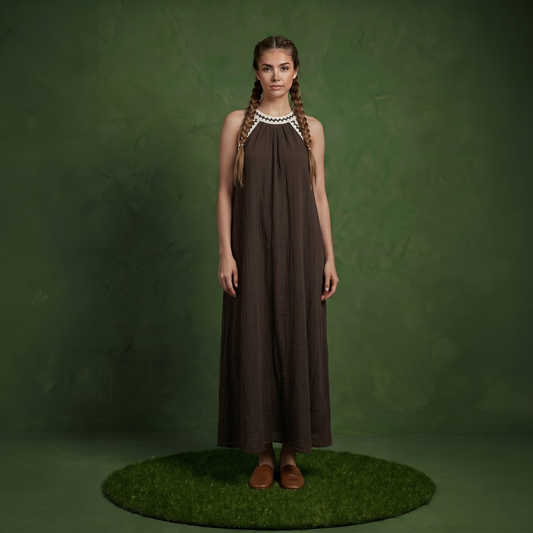 Anna-Kaci Sleeveless Halter Neck Maxi Dress with Contrast Trim Detail and Relaxed Flowy A-Line Silhouette