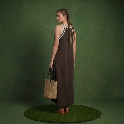 Anna-Kaci Sleeveless Halter Neck Maxi Dress with Contrast Trim Detail and Relaxed Flowy A-Line Silhouette