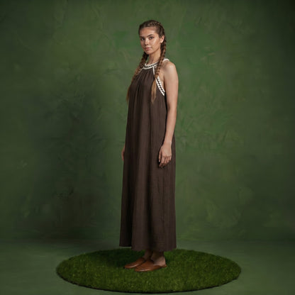 Anna-Kaci Sleeveless Halter Neck Maxi Dress with Contrast Trim Detail and Relaxed Flowy A-Line Silhouette