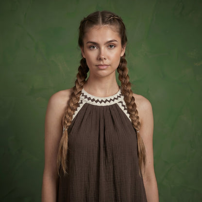 Anna-Kaci Sleeveless Halter Neck Maxi Dress with Contrast Trim Detail and Relaxed Flowy A-Line Silhouette