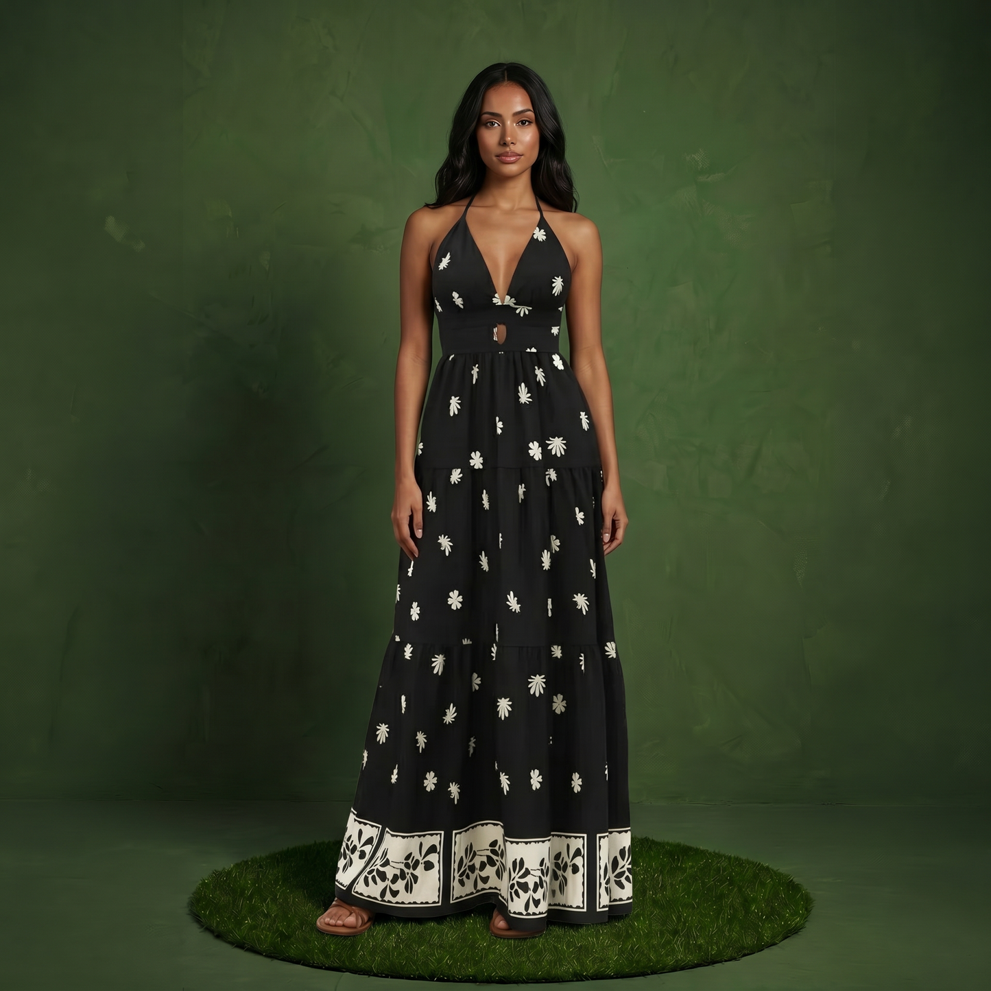Anna-Kaci Sleeveless Halter Neck Maxi Dress with Floral Print Keyhole Detail and Tiered Flowy Silhouette