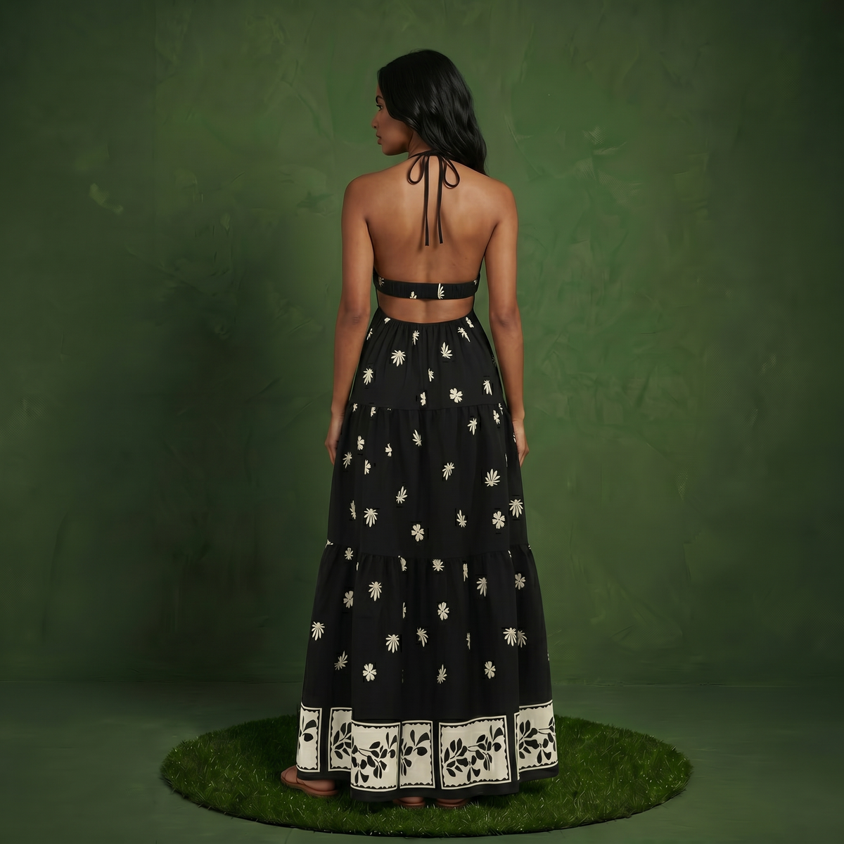 Anna-Kaci Sleeveless Halter Neck Maxi Dress with Floral Print Keyhole Detail and Tiered Flowy Silhouette