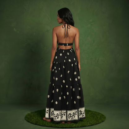 Anna-Kaci Sleeveless Halter Neck Maxi Dress with Floral Print Keyhole Detail and Tiered Flowy Silhouette