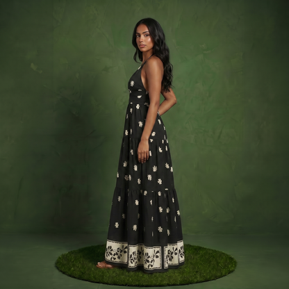 Anna-Kaci Sleeveless Halter Neck Maxi Dress with Floral Print Keyhole Detail and Tiered Flowy Silhouette