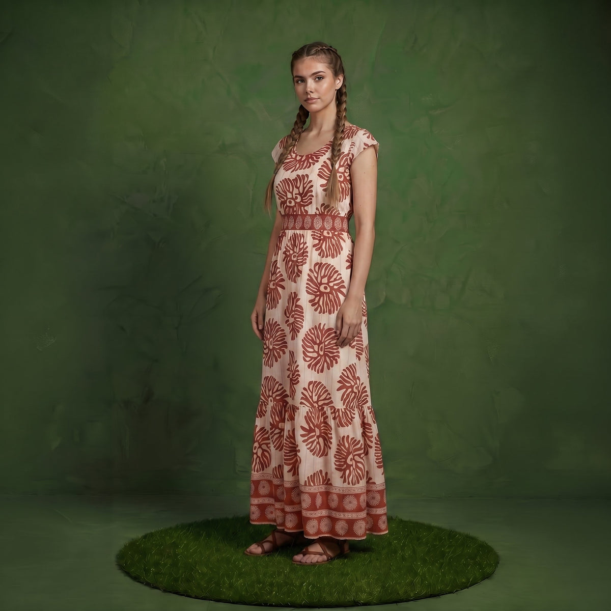 Anna-Kaci Short Sleeve Maxi Dress with Printed Design V Neckline Smocked Waist and Tiered Flowy Silhouette