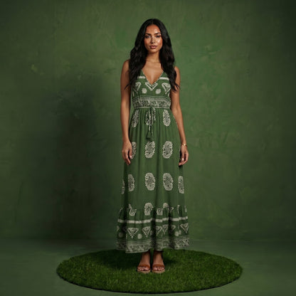 Anna-Kaci Sleeveless V Neck Maxi Dress with Bohemian Print Tiered Hem Detail and Relaxed Flowy Fit Design
