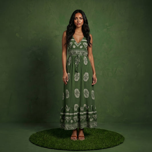 Anna-Kaci Sleeveless V Neck Maxi Dress with Bohemian Print Tiered Hem Detail and Relaxed Flowy Fit Design
