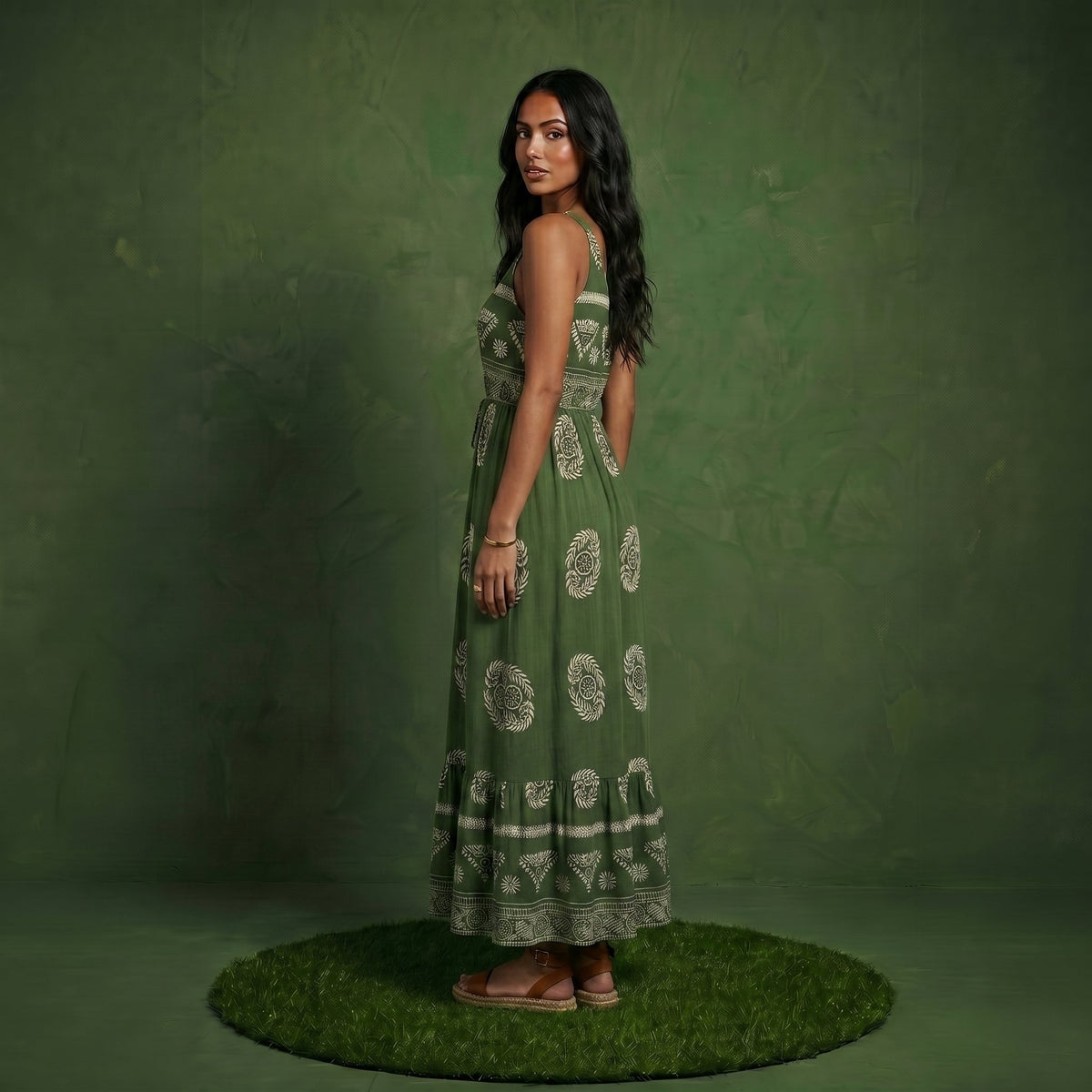 Anna-Kaci Sleeveless V Neck Maxi Dress with Bohemian Print Tiered Hem Detail and Relaxed Flowy Fit Design