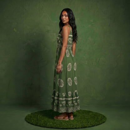 Anna-Kaci Sleeveless V Neck Maxi Dress with Bohemian Print Tiered Hem Detail and Relaxed Flowy Fit Design