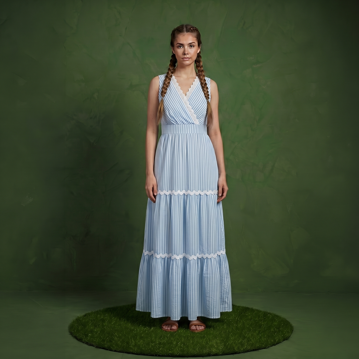 Anna-Kaci Sleeveless Striped Maxi Dress with V Neckline Contrast Trim Detail and Tiered Flowy Silhouette