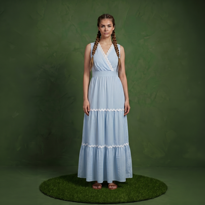Anna-Kaci Sleeveless Striped Maxi Dress with V Neckline Contrast Trim Detail and Tiered Flowy Silhouette