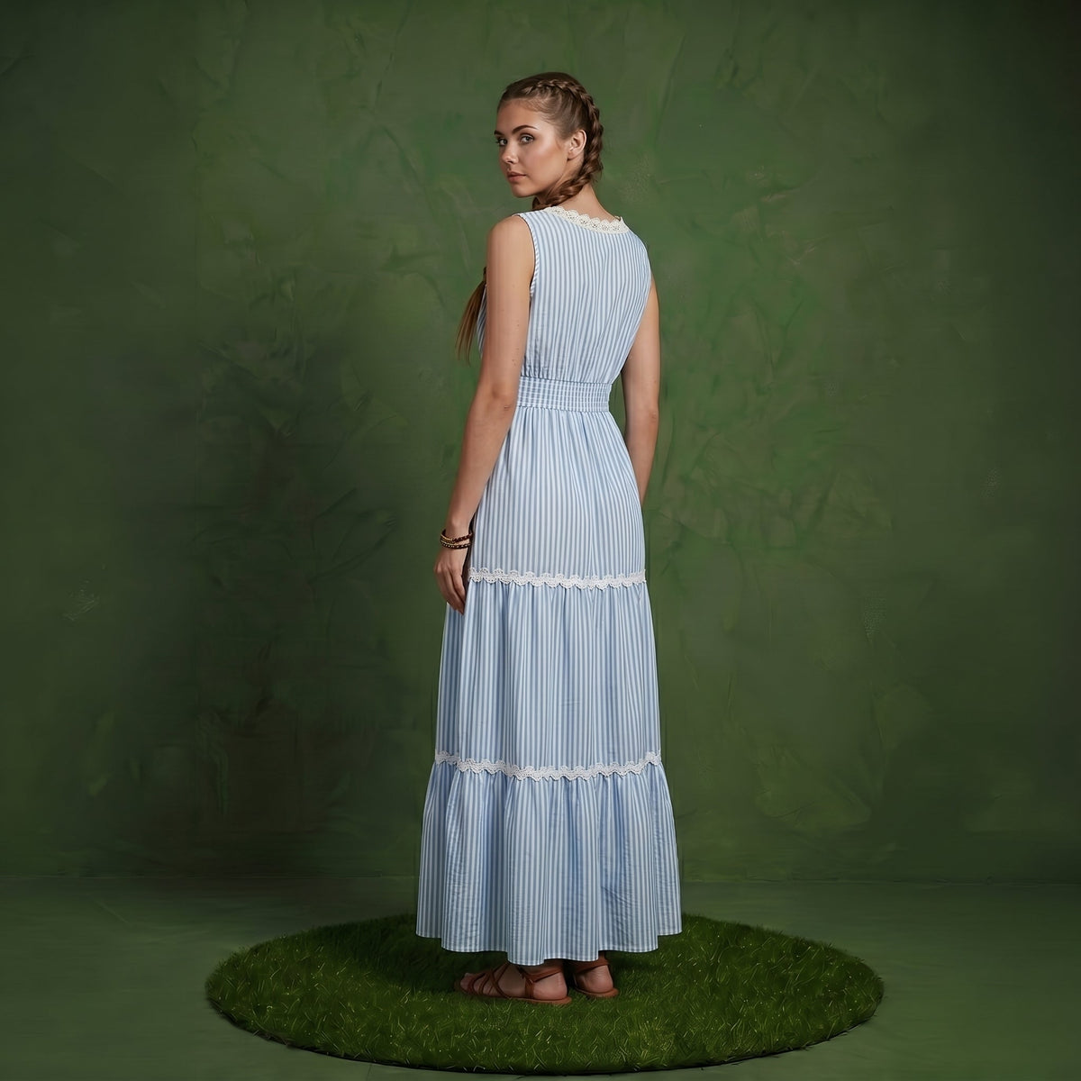 Anna-Kaci Sleeveless Striped Maxi Dress with V Neckline Contrast Trim Detail and Tiered Flowy Silhouette