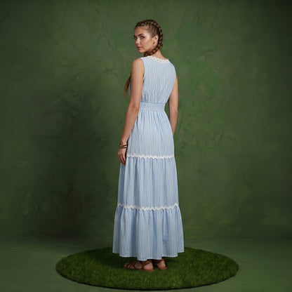 Anna-Kaci Sleeveless Striped Maxi Dress with V Neckline Contrast Trim Detail and Tiered Flowy Silhouette