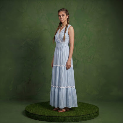 Anna-Kaci Sleeveless Striped Maxi Dress with V Neckline Contrast Trim Detail and Tiered Flowy Silhouette