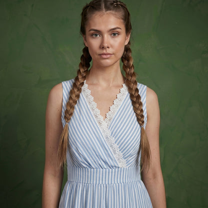 Anna-Kaci Sleeveless Striped Maxi Dress with V Neckline Contrast Trim Detail and Tiered Flowy Silhouette
