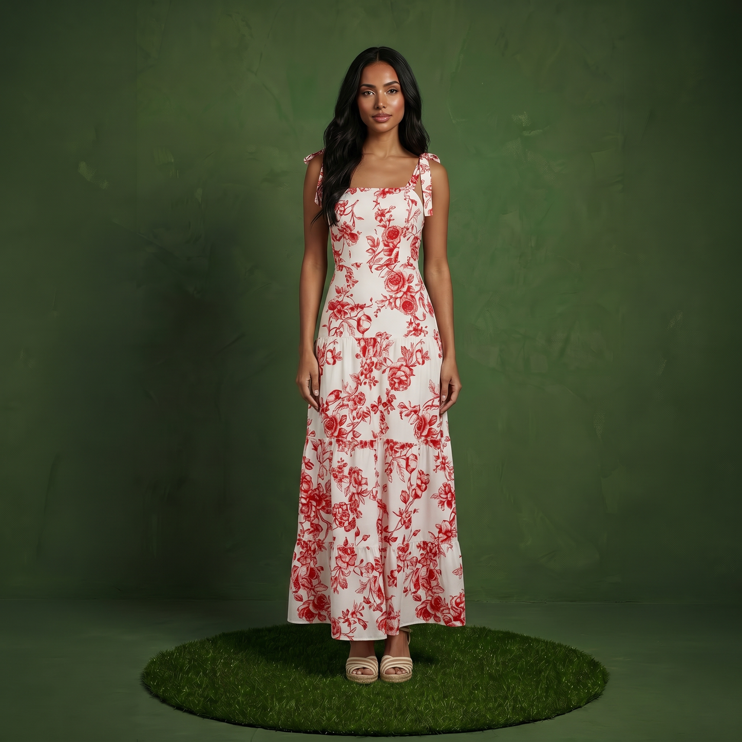 Anna-Kaci Sleeveless Floral Maxi Dress with Ruffle Strap Detail Square Neck and Tiered Skirt Flowy Design