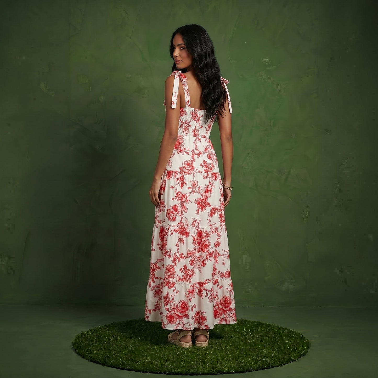 Anna-Kaci Sleeveless Floral Maxi Dress with Ruffle Strap Detail Square Neck and Tiered Skirt Flowy Design
