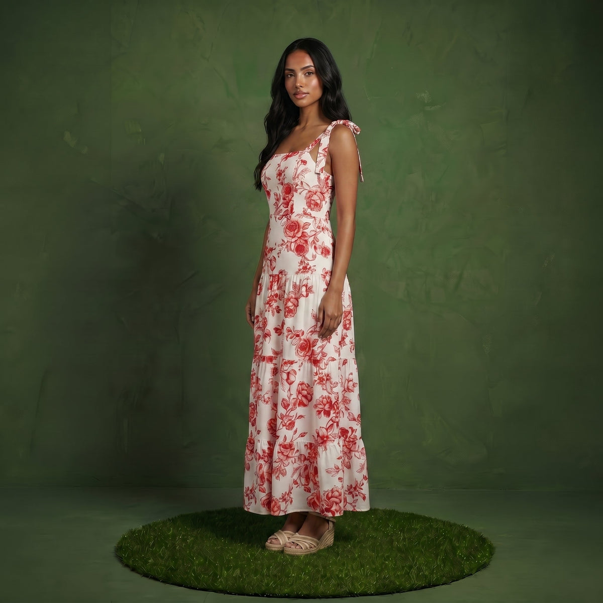 Anna-Kaci Sleeveless Floral Maxi Dress with Ruffle Strap Detail Square Neck and Tiered Skirt Flowy Design
