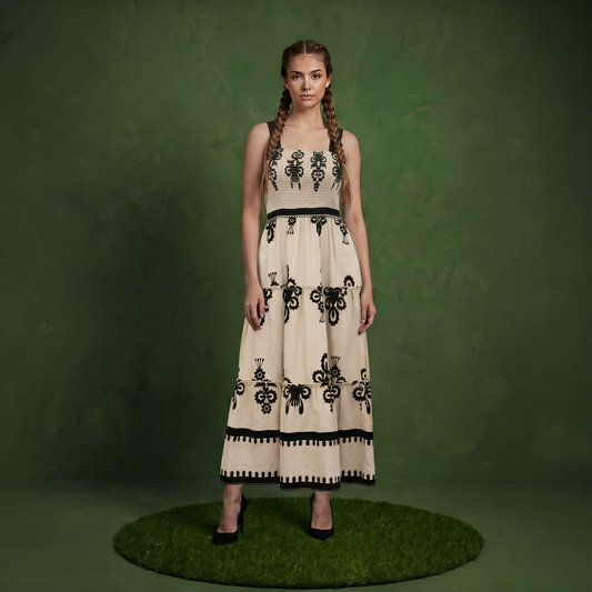 Anna-Kaci Sleeveless Smocked Midi Dress with Wide Straps Tiered Skirt and Bohemian Floral Print Design