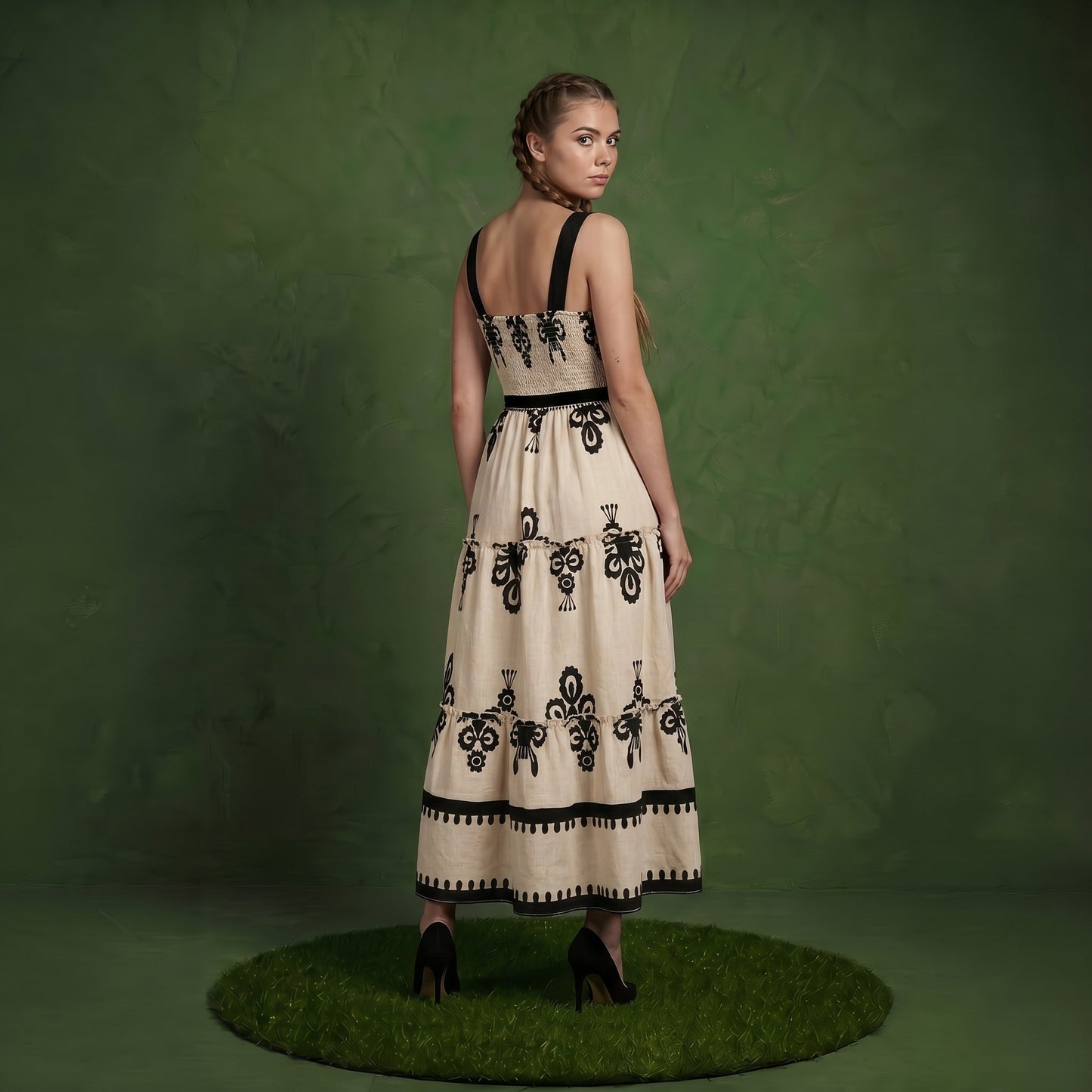 Anna-Kaci Sleeveless Smocked Midi Dress with Wide Straps Tiered Skirt and Bohemian Floral Print Design