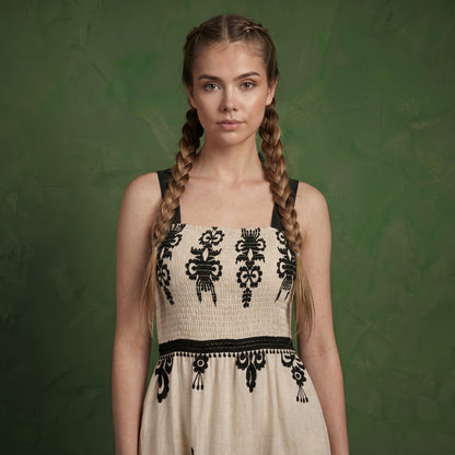 Anna-Kaci Sleeveless Smocked Midi Dress with Wide Straps Tiered Skirt and Bohemian Floral Print Design